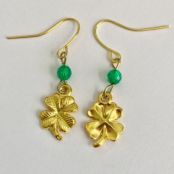 Shamrock Earrings Gold Plated Irish 4 Leaf Clover Luck Celtic St. Patricks Day - Picture 7 of 8